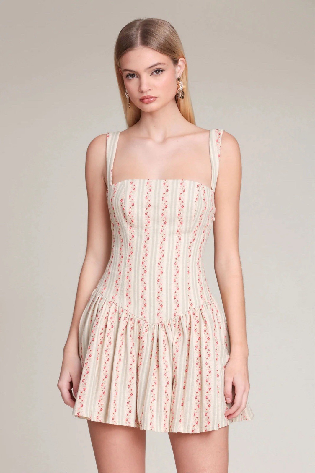 Avec Les Filles Ivory Pink Floral Square Neck Mini Dress Tie Back Lined Sz 2