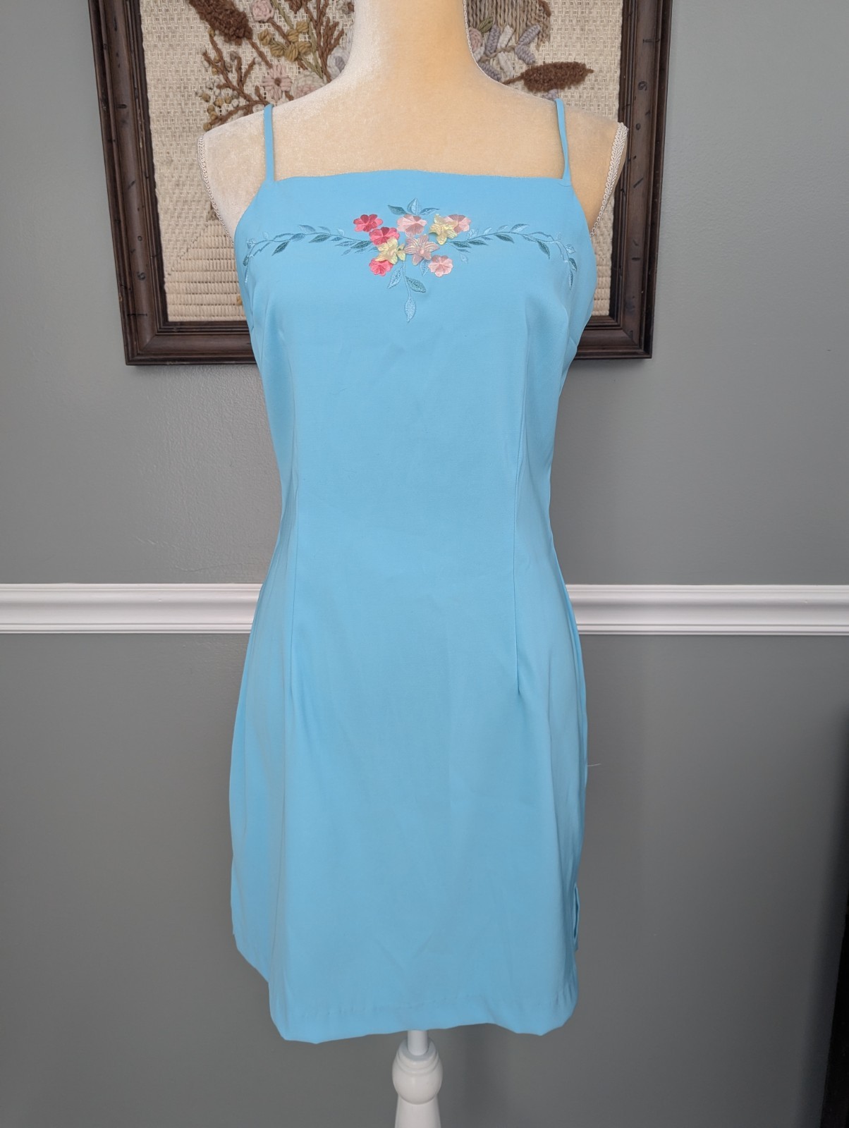 Vintage 90’s Y2K My Michelle Blue Embroidered 3D Floral Midi Dress 11/12 EUC