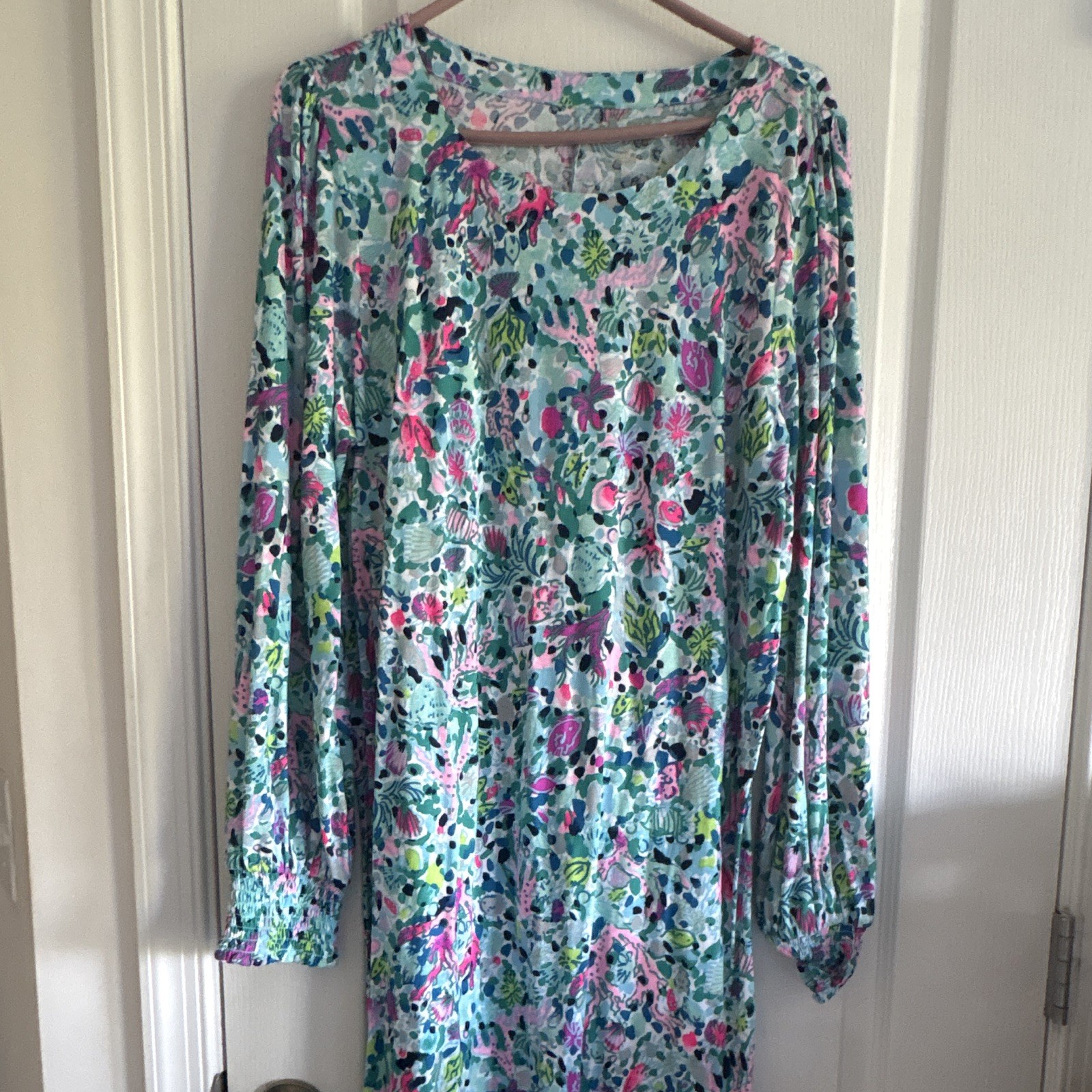 Lilly Pulitzer XL Shift Dress Floral Knit Cotton Long Sleeve Round Neck Short