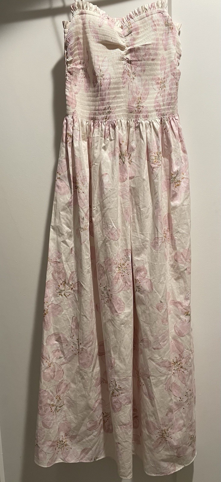 H&M Cotton Smocked Sweetheart Maxi Dress Adjustable Straps S pink/ivory floral