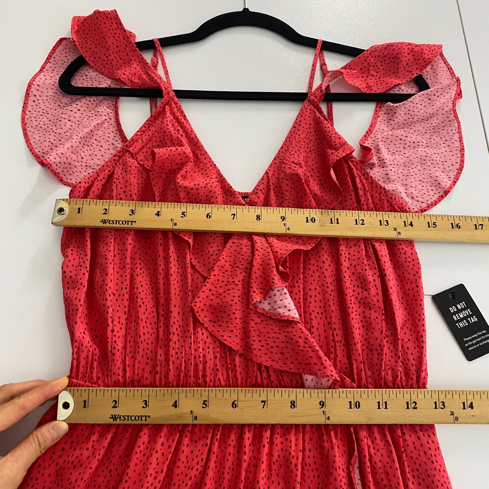 Express Ruffle Maxi Dress Size Medium Hi Low Hem Red Black Polka Dot