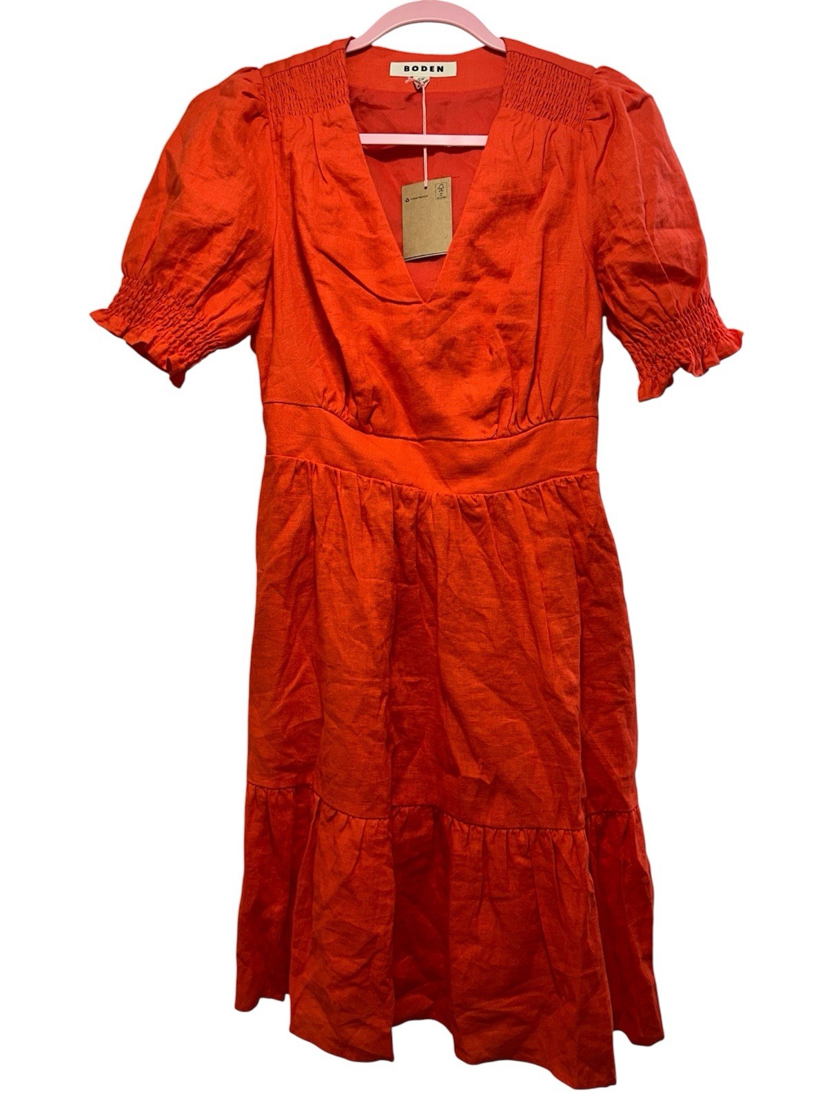 Boden Anna 100% Linen Short Dress Orange Smocked Ruffle Puff Sleeve US 6R