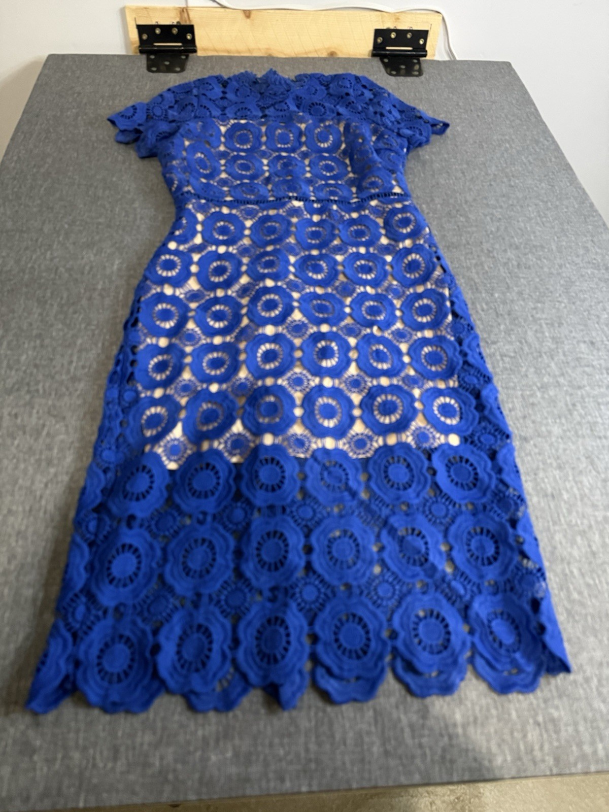 Just Me Women’s Blue Lace Eyelet Midi Short Sleeve Dress Sz M Elegant Chic Boho