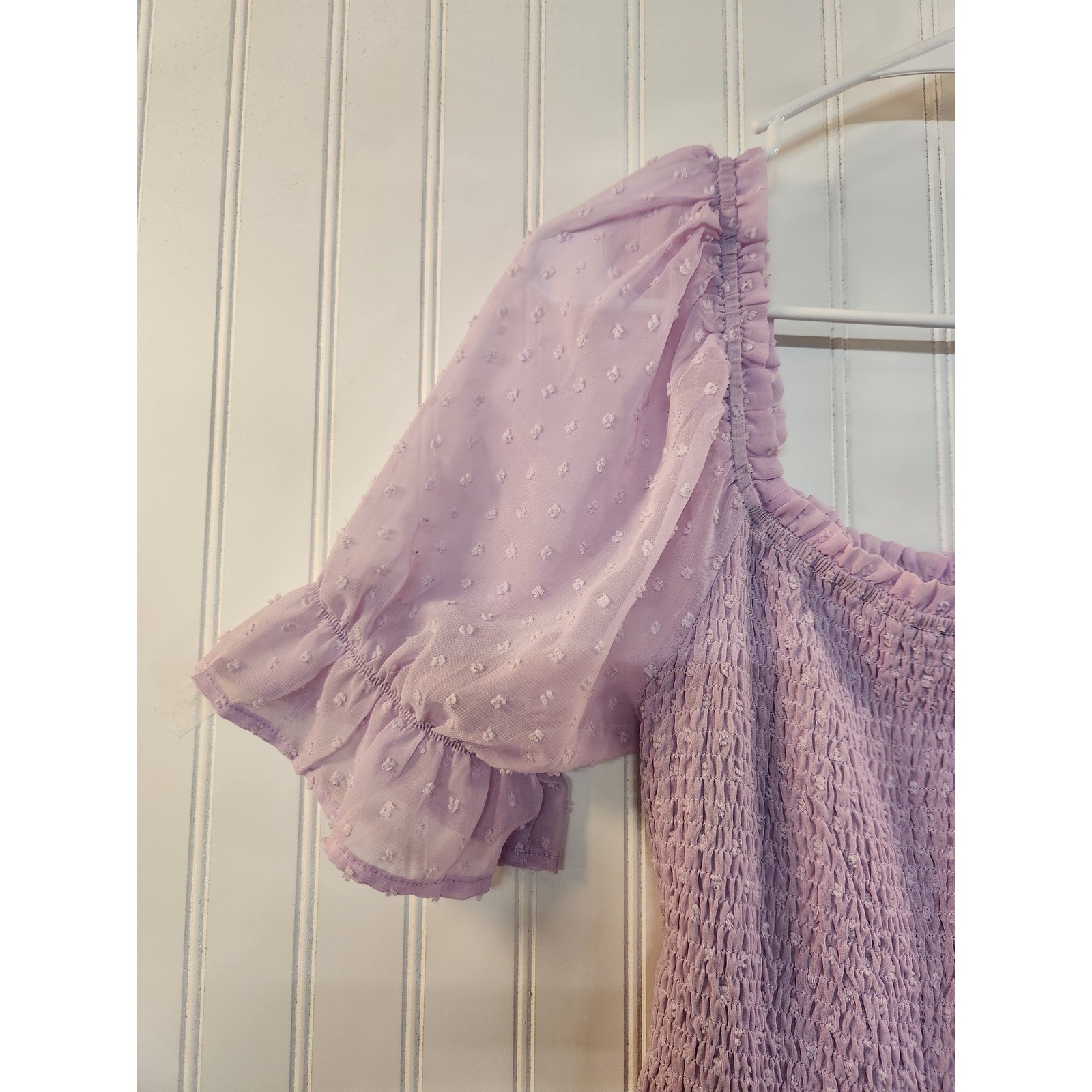 Merokeety Womens Lavender Swiss Dot Smocked Midi Dress Puff Sleeve Tiered Large