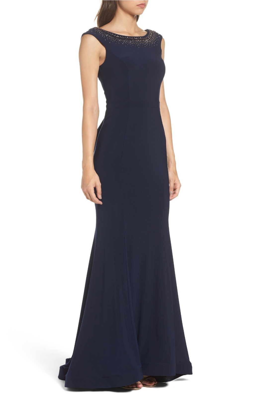 NEW Xscape Beaded Ruffle Back Jersey Trumpet Gown Navy [ 2 ] #e306