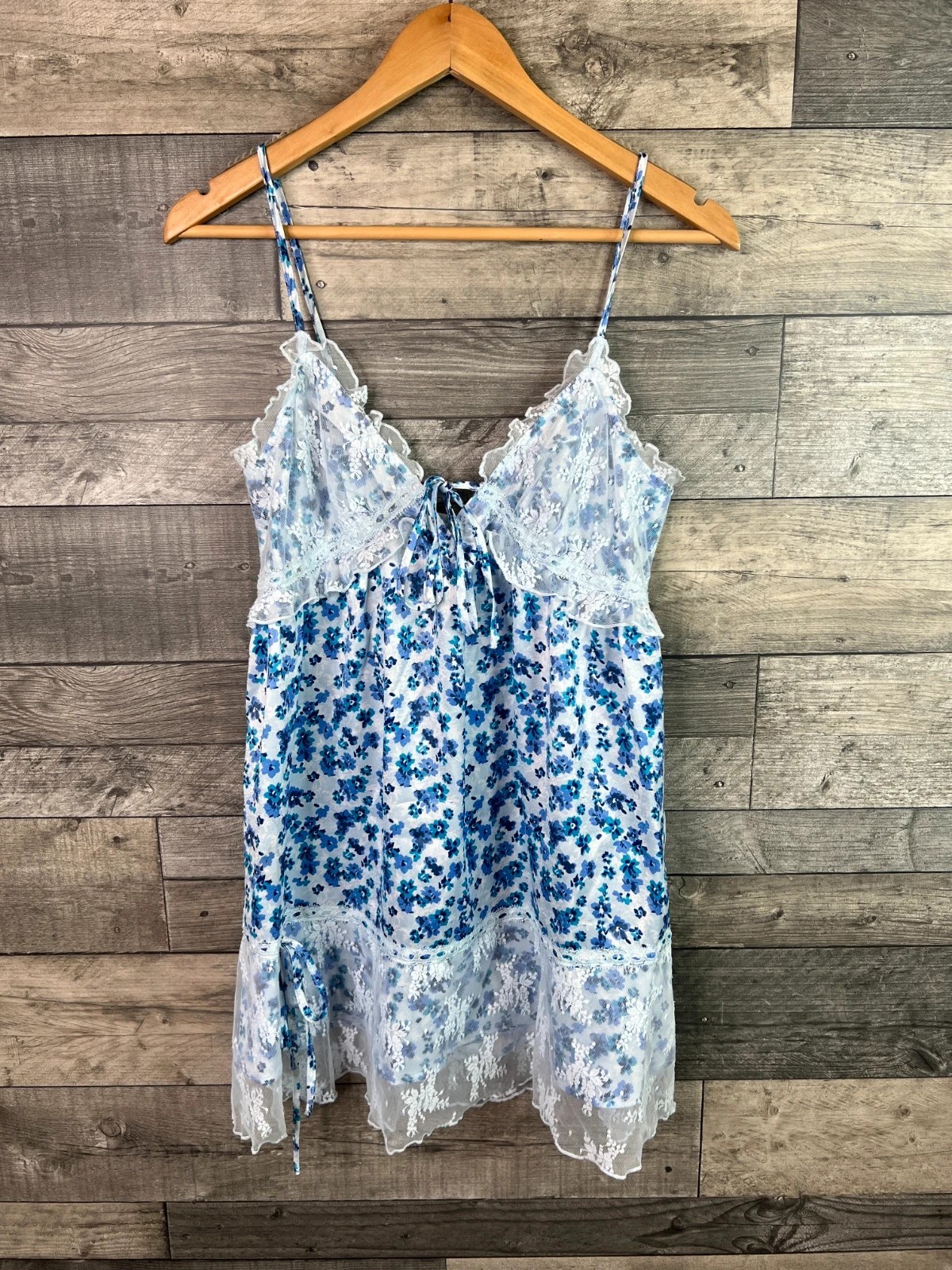 Free People Babydoll Dress Size XS Blue Floral Lace Strappy Cami