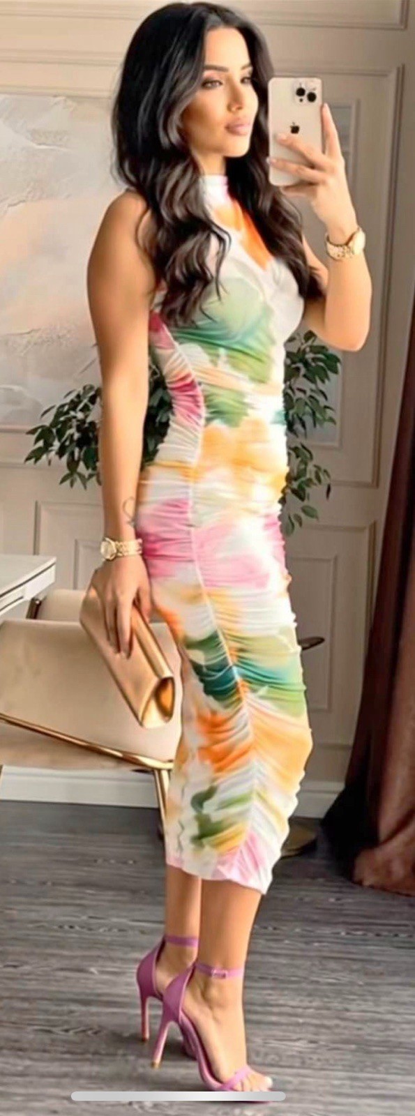 Women’s Multicolor Floral Ruched High Neck Sleeveless Midi Dress Size xl