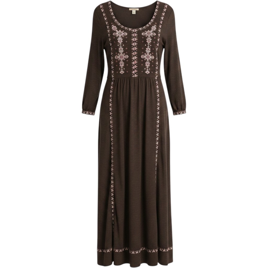 Sweet Magnolia Maxi Dress Wmn Large Brown Viscose Knit Boho Embroidered Long Slv