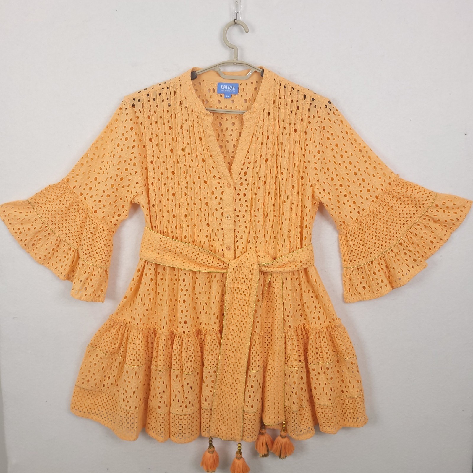Happy Island Eyelet Dress XL Orange Bell Sleeve Tassel Vocation Resortwear Boho