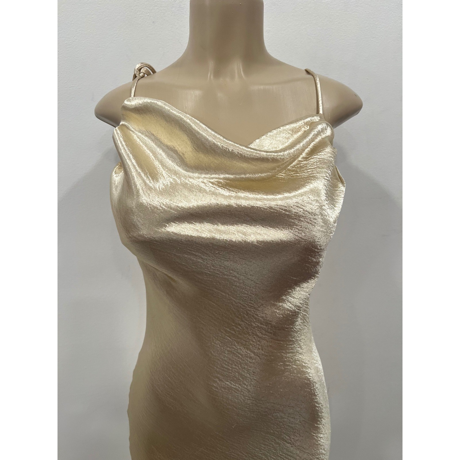 Champagne Gold Cowl Neck Satin Midi Dress Womens Medium Tie Strap