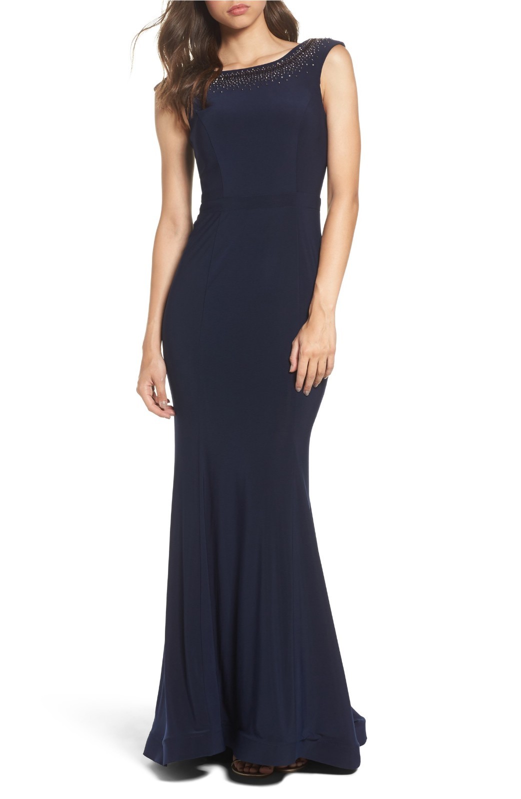 NEW Xscape Beaded Ruffle Back Jersey Trumpet Gown Navy [ 2 ] #e306