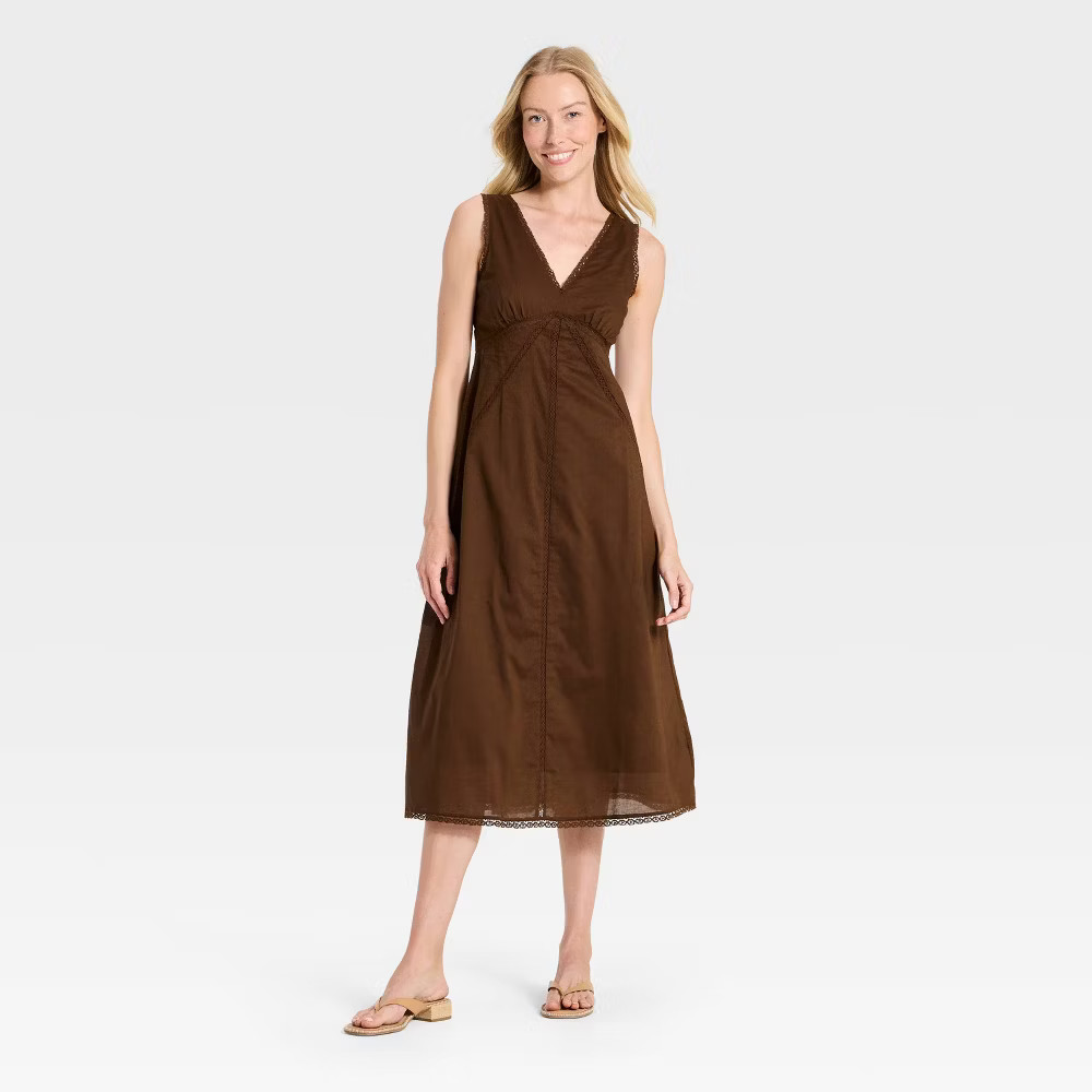 Women Lace Trim Midi Slip Dress – Universal Thread Brown S
