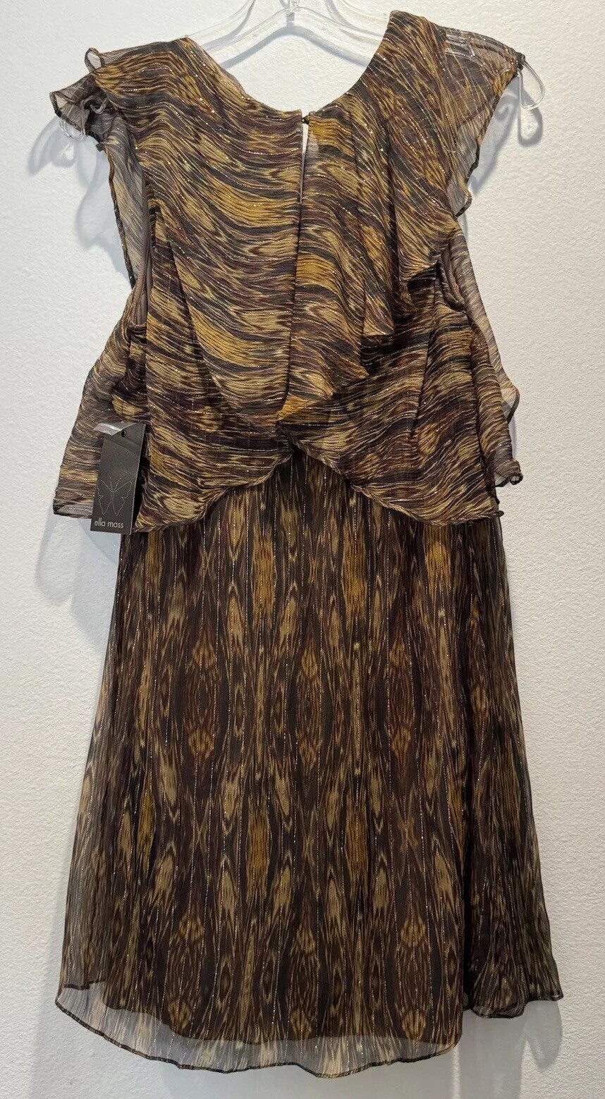 Ella Moss Size Medium Flutter Sleeve Gold Brown Metallic Dress Silk Blend Boho