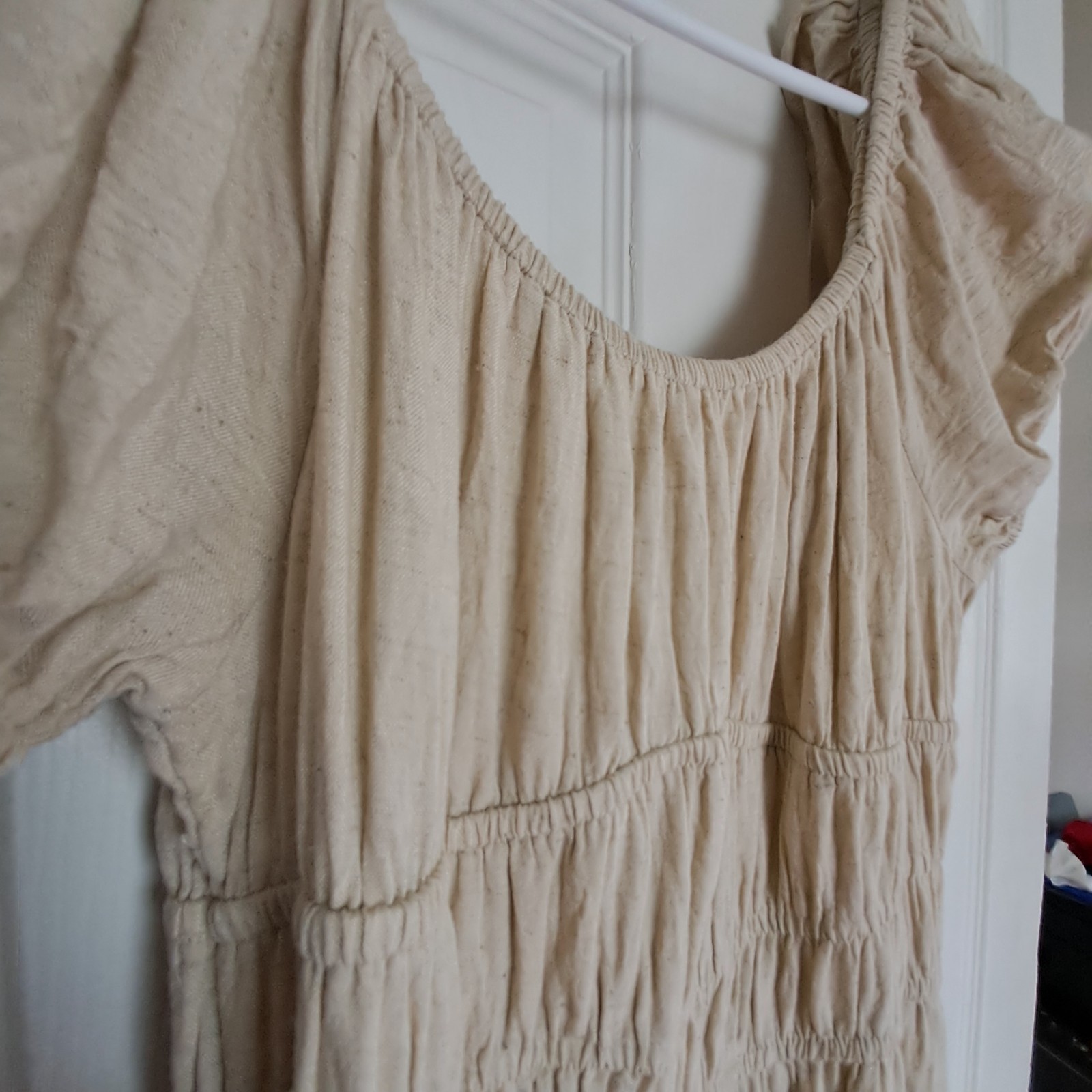 Sim & Sam Milkmaid Babydoll Linen Smocked Puff Sleeve Coquette Midi Dress Medium