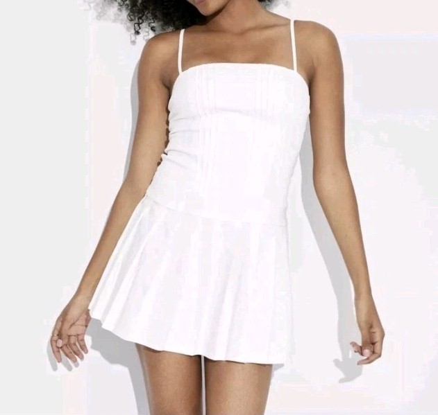 Wild Fable Dress Sz XS White Cream Spaghetti Strap Mini Pleated Skirt ^