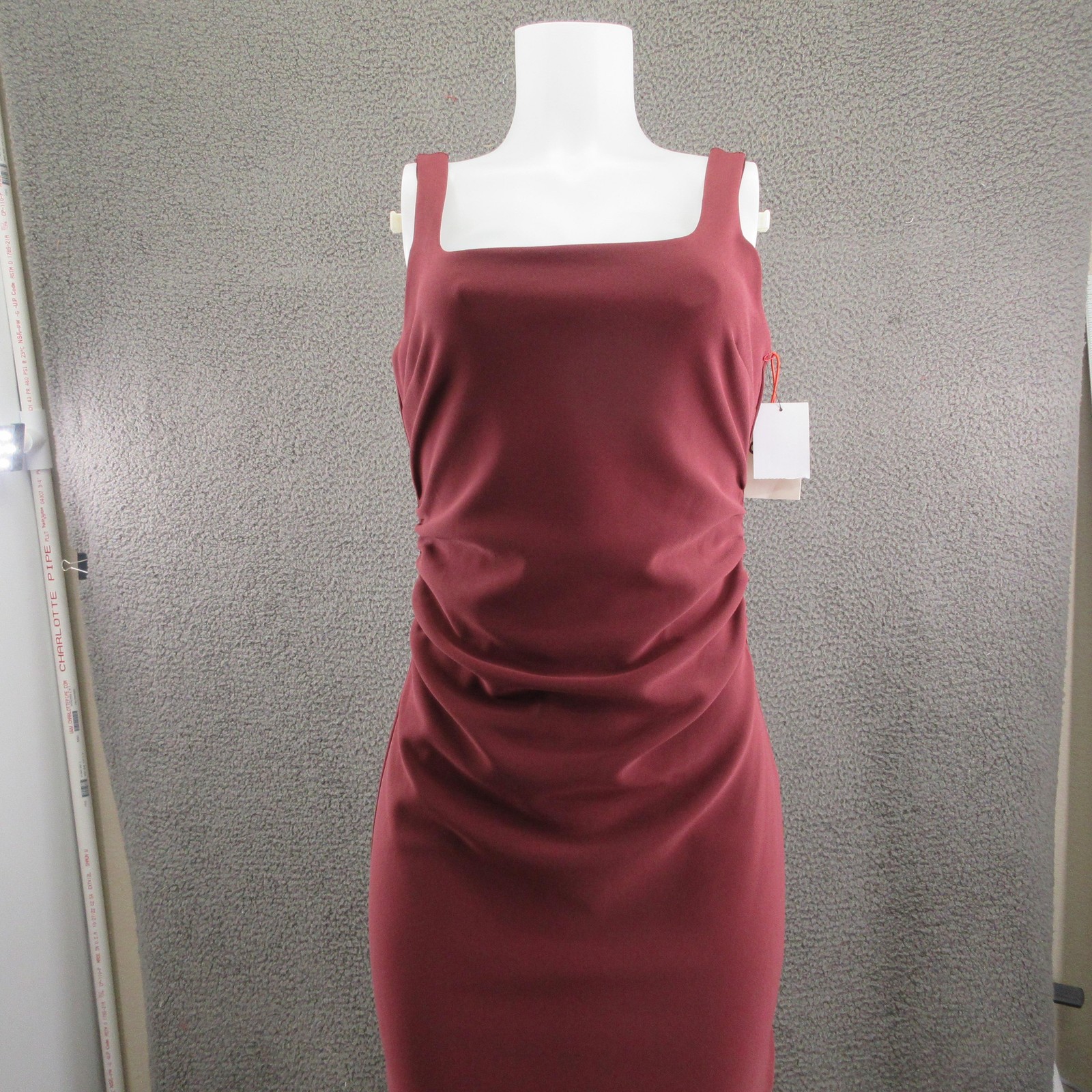 Open Edit Dress Womens Small Burgundy Midi Ruched Bodycon Sleeveless Square Neck