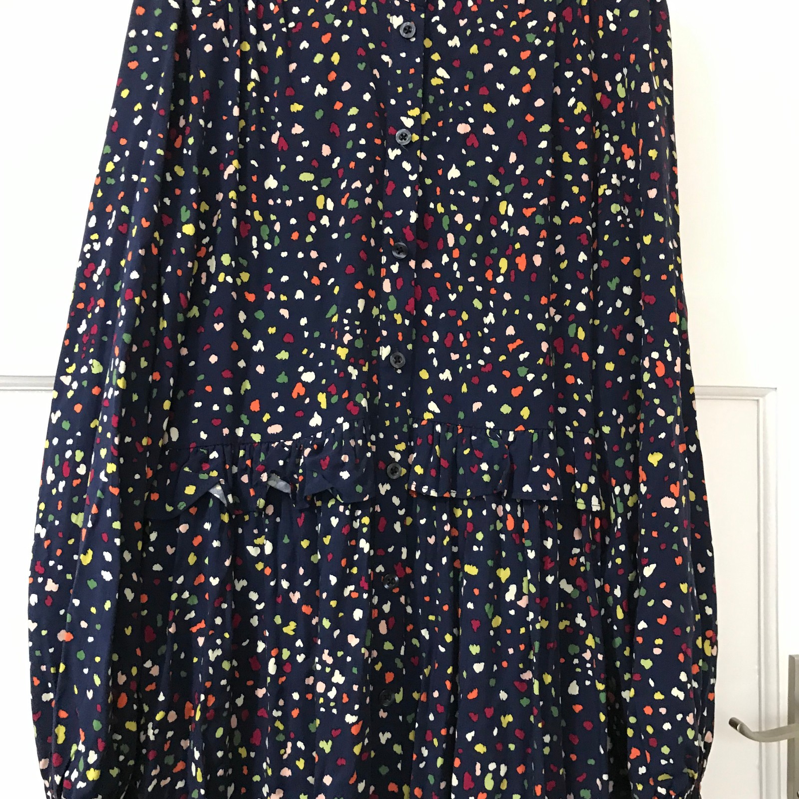 Feather Bone Midi Dress Womens Size XS 8 Navy Blue Spotty Long Sleeve Ruffle