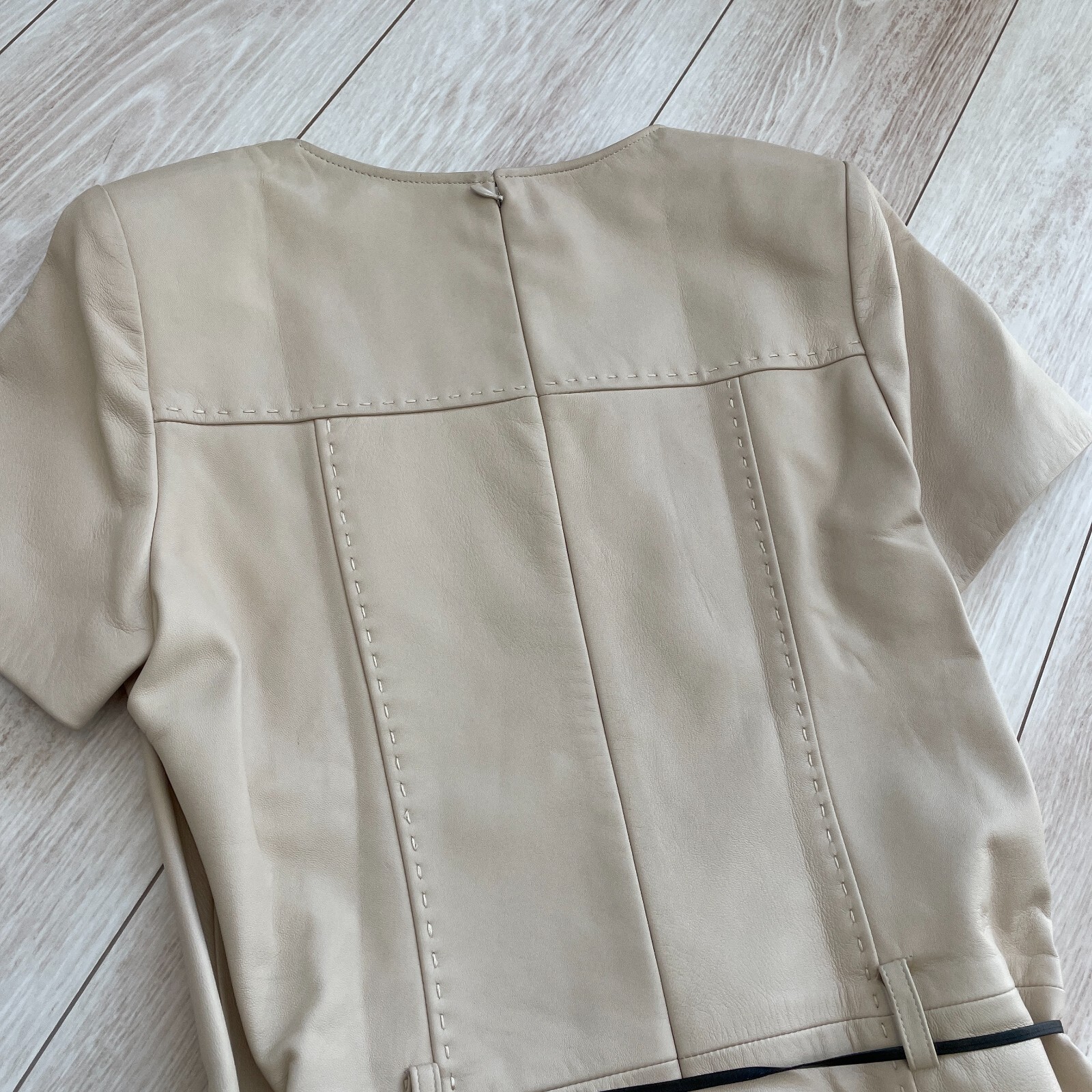 Courreges Sheepskin Lamb Leather Dress Beige Zip Woman Size L US/S-M Japan Rare
