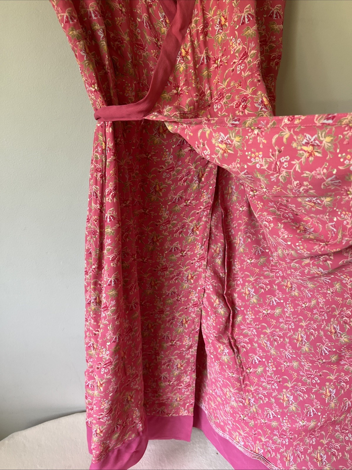 Vintage April Cornell Pink Raspberry Floral Sleeveless Wrap Dress Size M Rayon