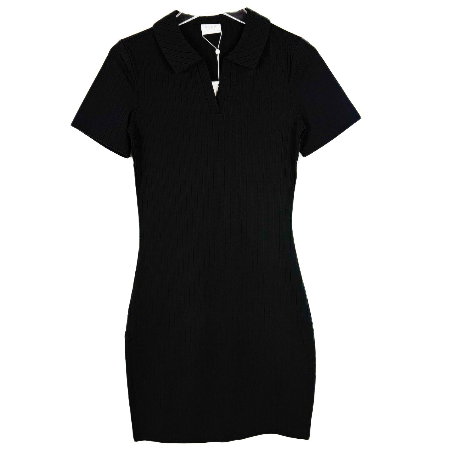 NWT Vila Vipola Short Sleeve Rib Short Dress Ribbed Polo Black Size XS NEW