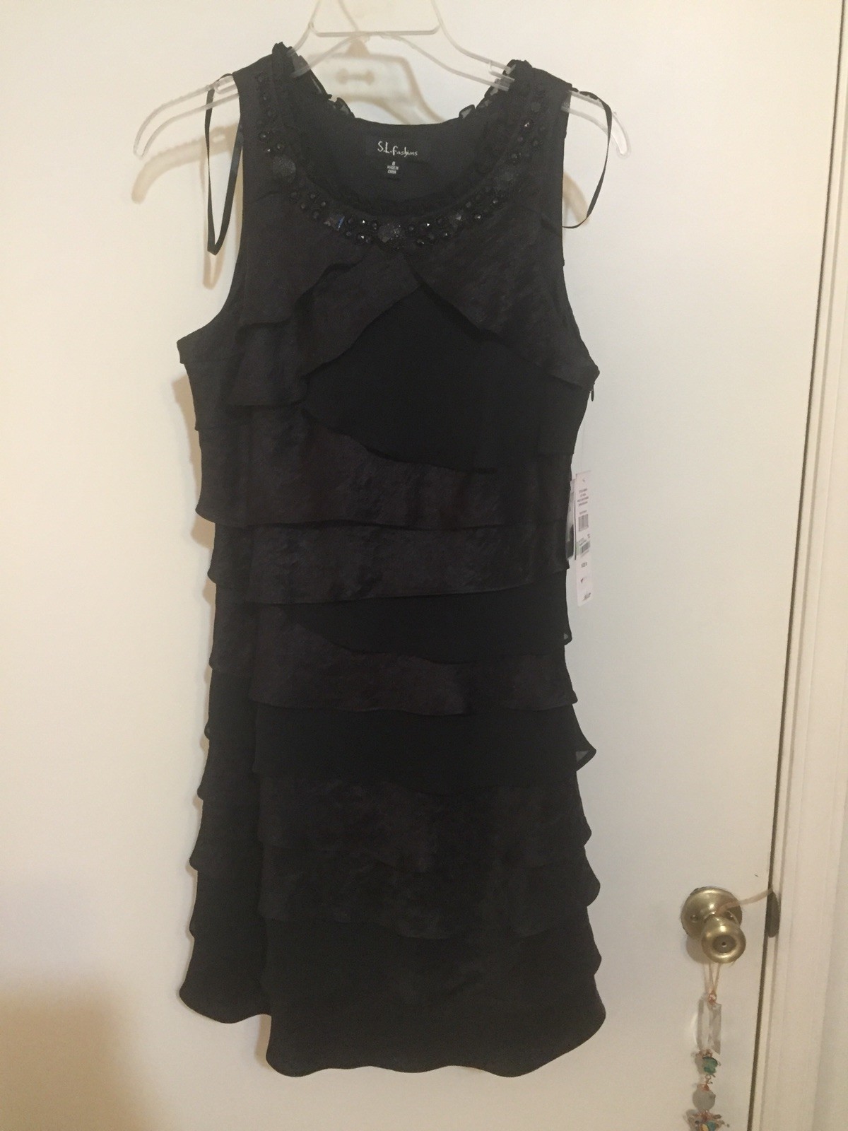 S.L. Fashions Sz 8 Black Beaded Layered Ruffle Evening Party Cruise Dress