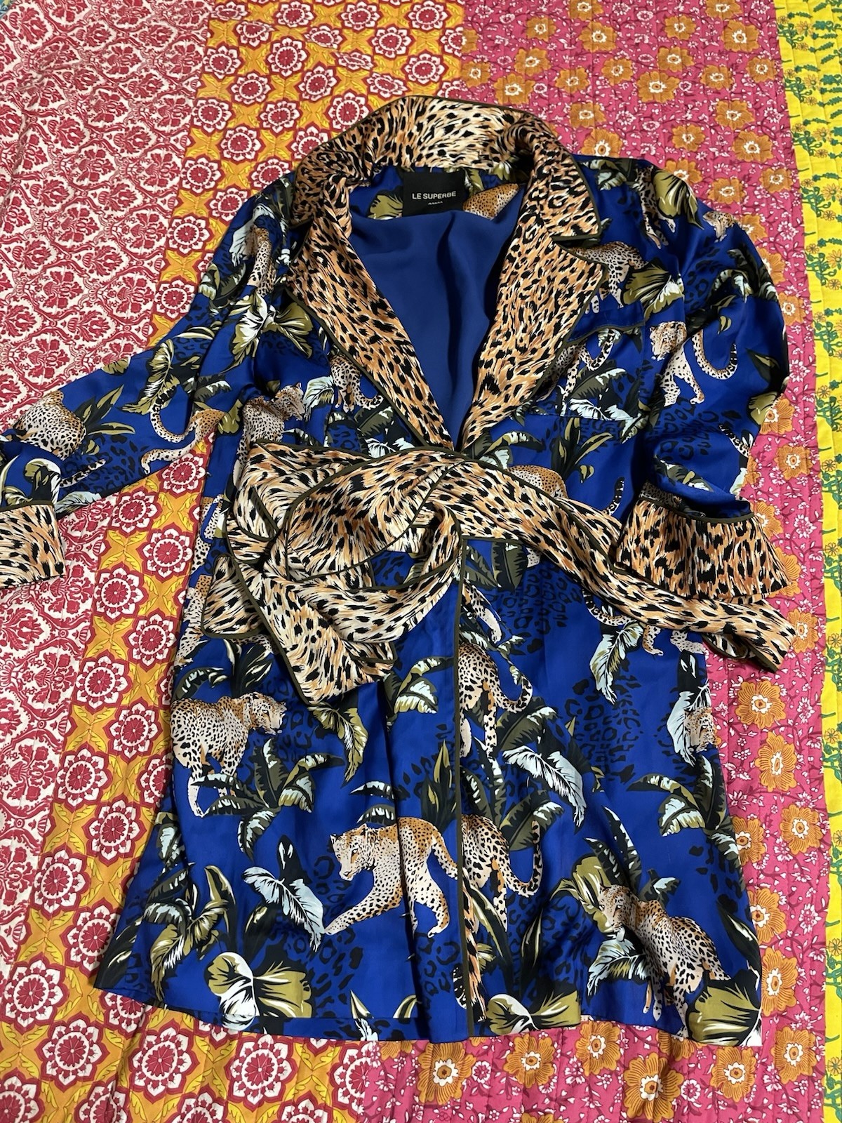 Le Superbe “Moonshadows” Cobalt Blue Jungle Animal Print Wrap Mini Dress Sz 6