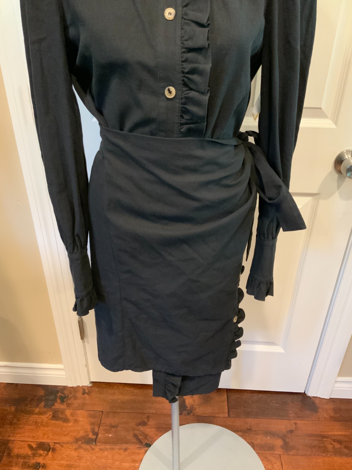 Goen.J Black Asymmetrical Button-Up Ruffle Shirt Dress W/ Tie, Size 6