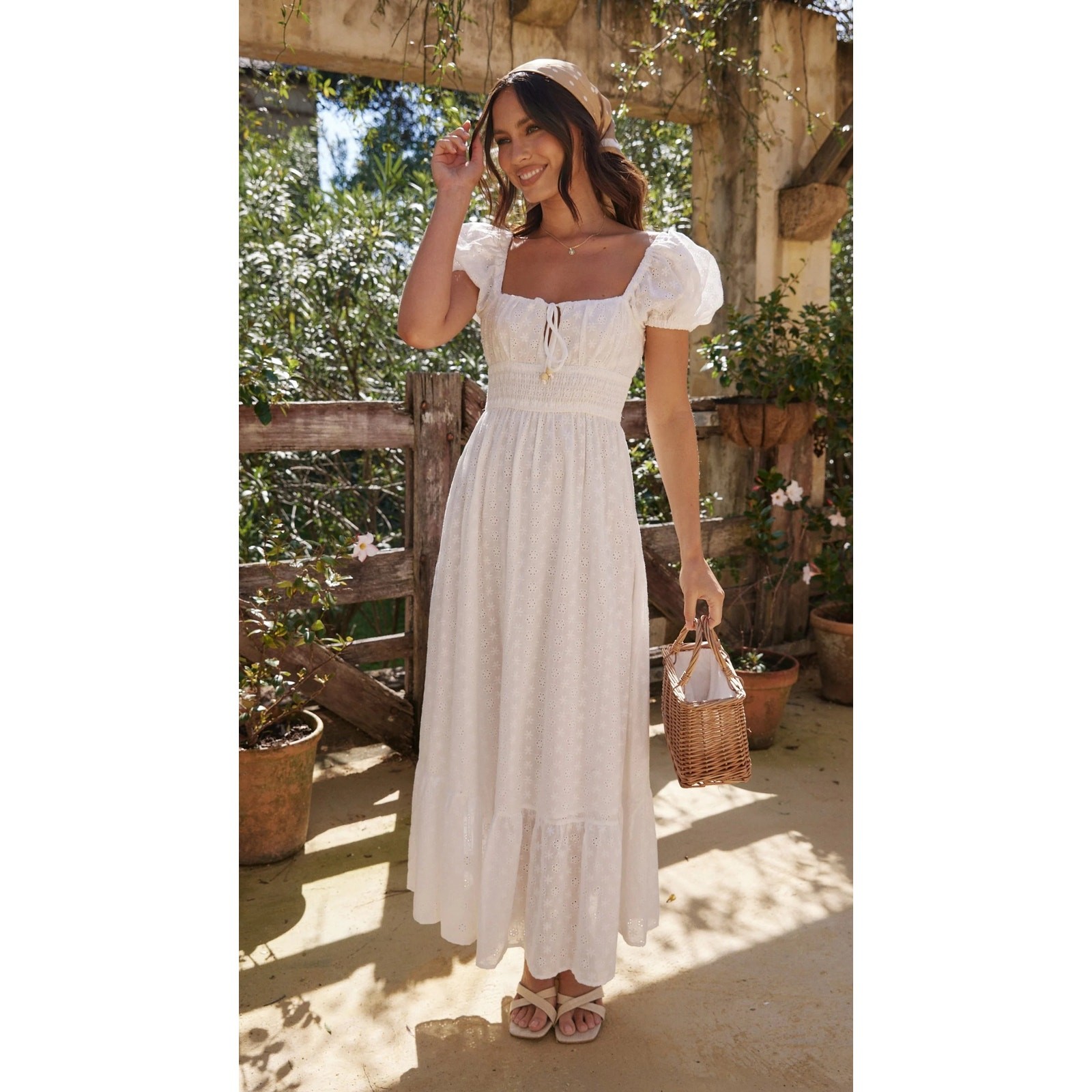 Billy J Sz US 16 Tania White Eyelet Lace Puff Sleeve Square Neck Midi Dress NWT