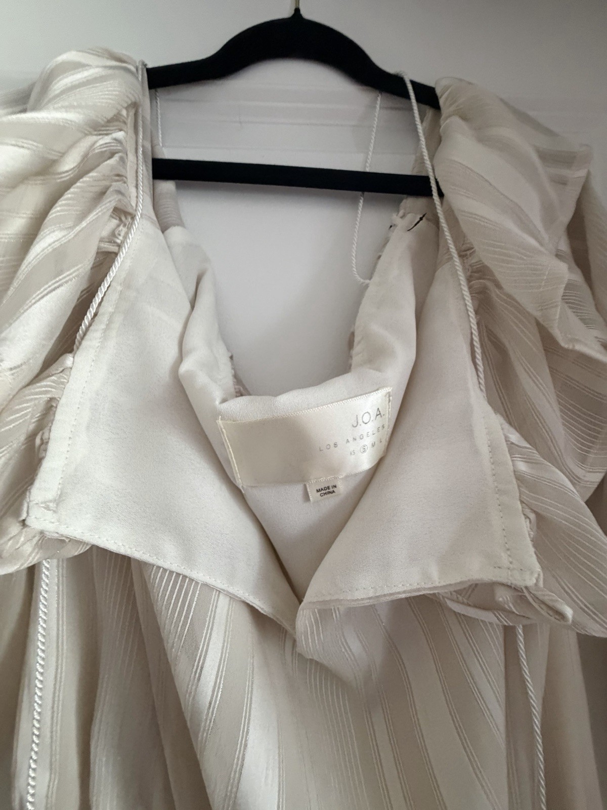 JOA Ivory Striped Ruffle Drawstring A-Line Dress Puff 3/4 Sleeve Short S