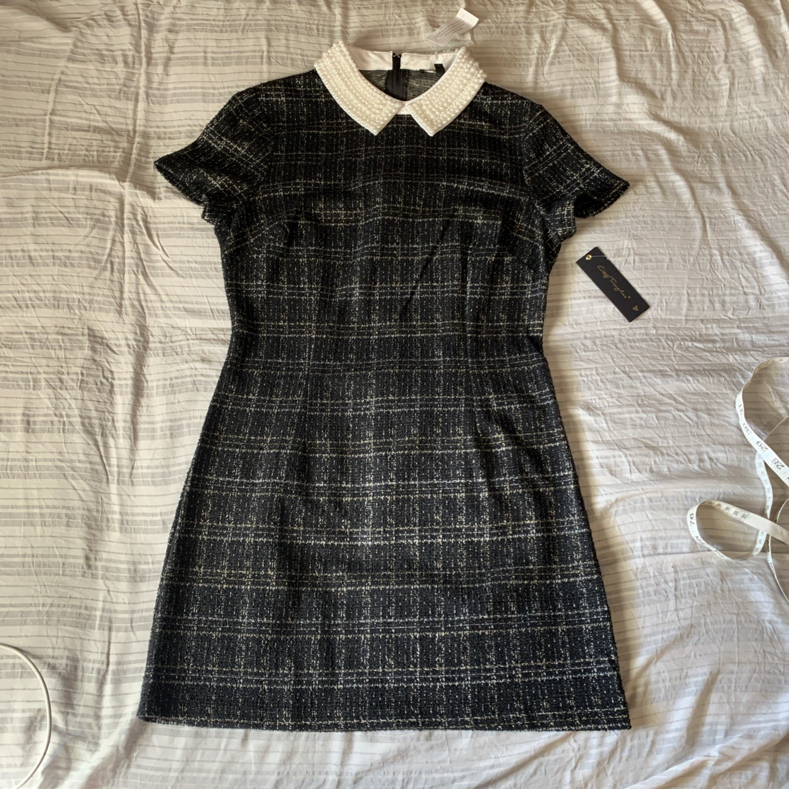 New CITY TRIANGLES Medium Plaid Black Tweed Short Dress Tinsel Pearl Collar CUTE