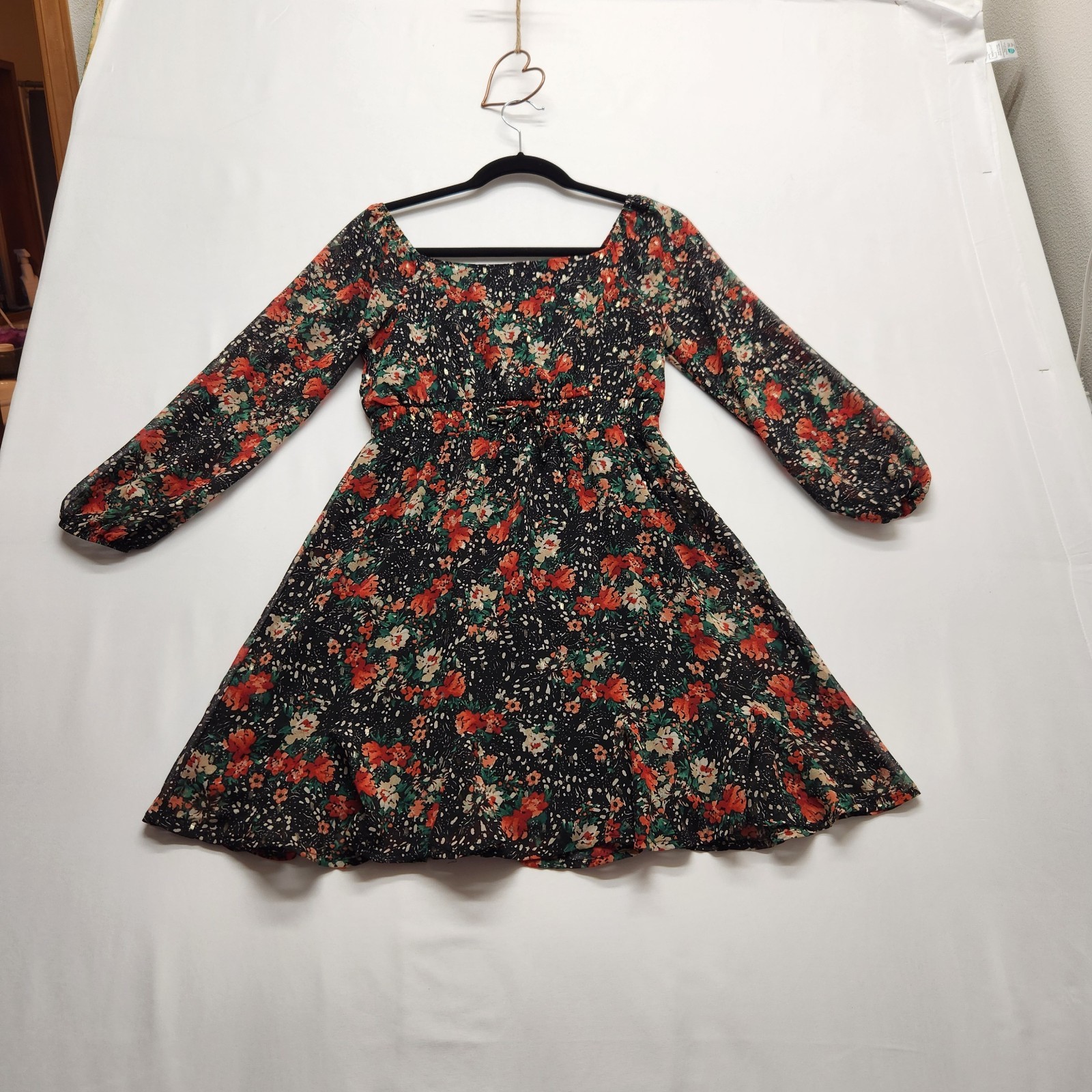 ⭐️Three Pink Hearts Trixxi Black Floral Gold Fleck Chiffon Long Sleeve Mini