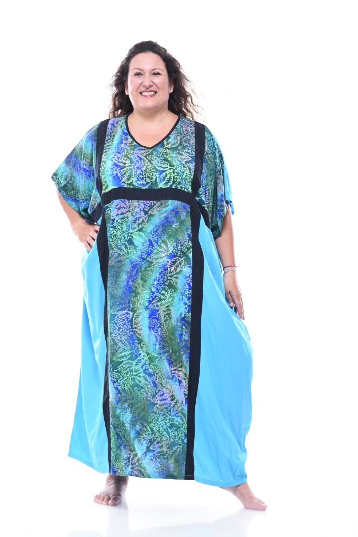 Flat Rayon V Neck Beautiful Blue Greens Caftan Dress 0X 1X 2X 3X 4X 5X Bust 78″