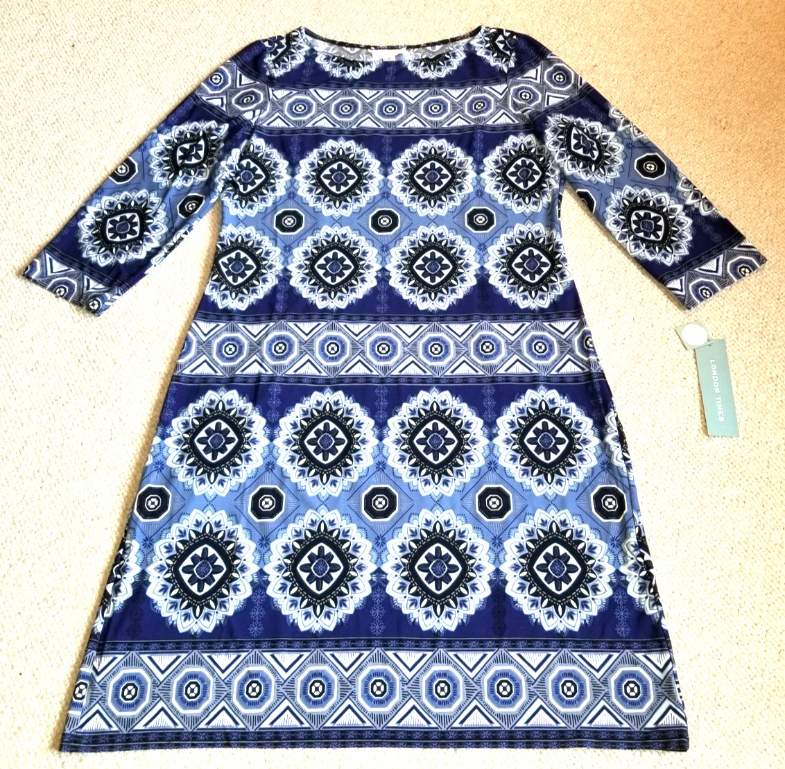 NWT Womens Dress-LONDON TIMES-‘Cobalt’ blue geometric knit shift Spring-10