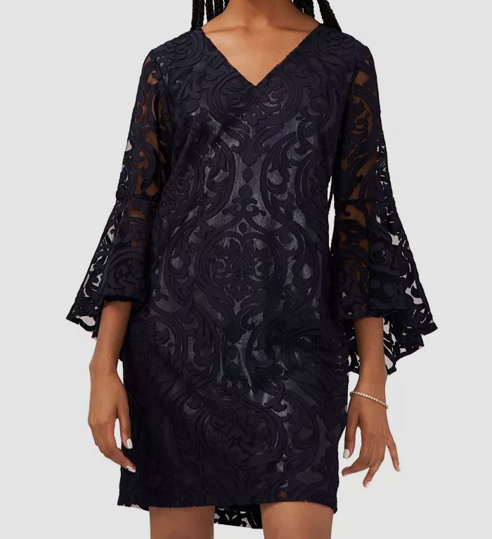 MSK Women’s Blue Burnout Lace V-Neck 3/4 Bell-Sleeve Dress Petite Size 14P