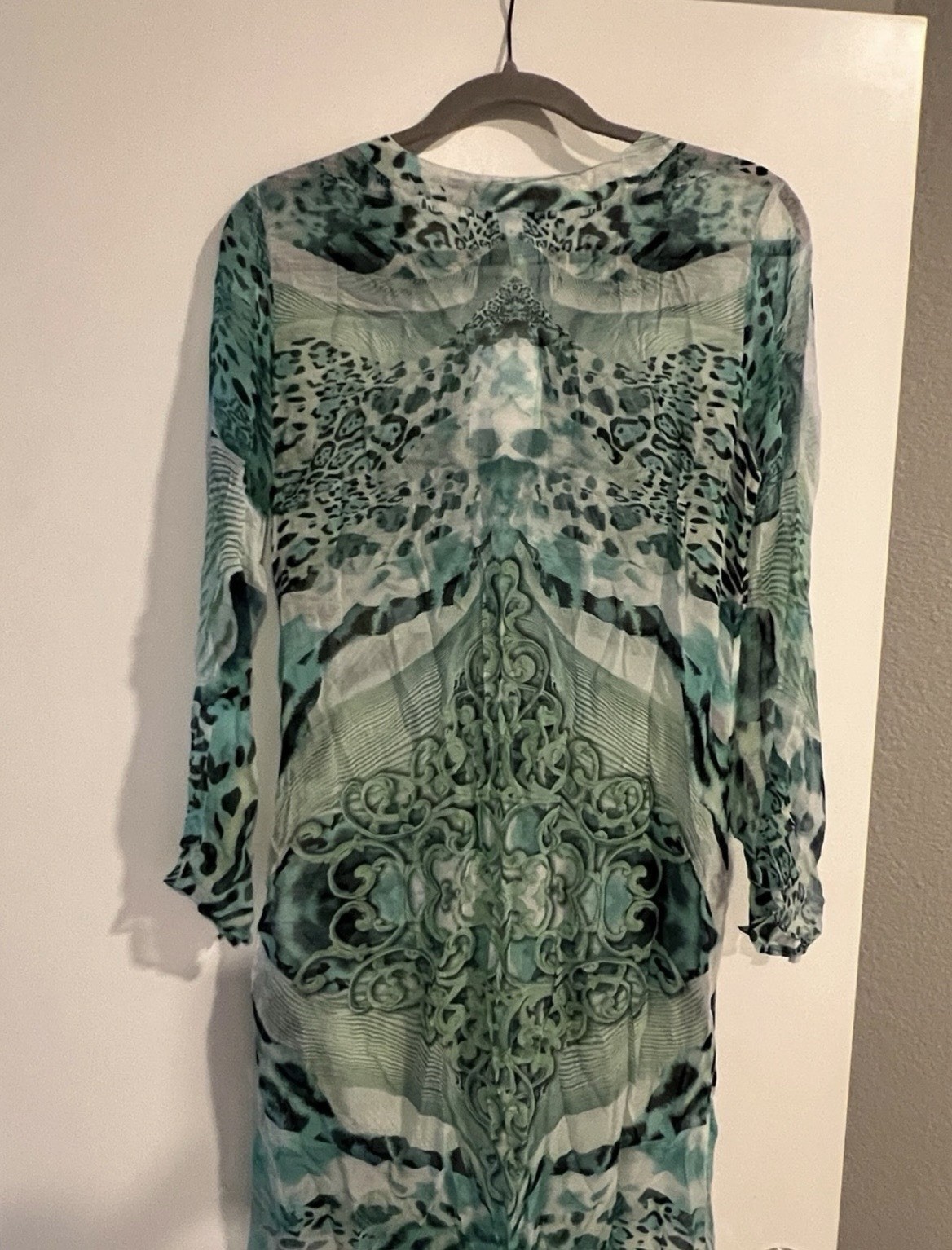 Elizabeth Hurley Beach Animal Print Silk Chiffon Tassel Kaftan Maxi S/M