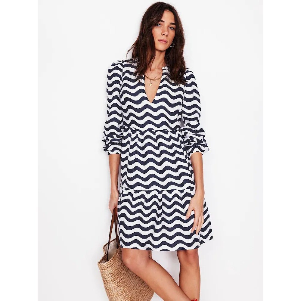 Boden Esme Short Linen Dress Navy White Wavy Stripe Retail $261 14R