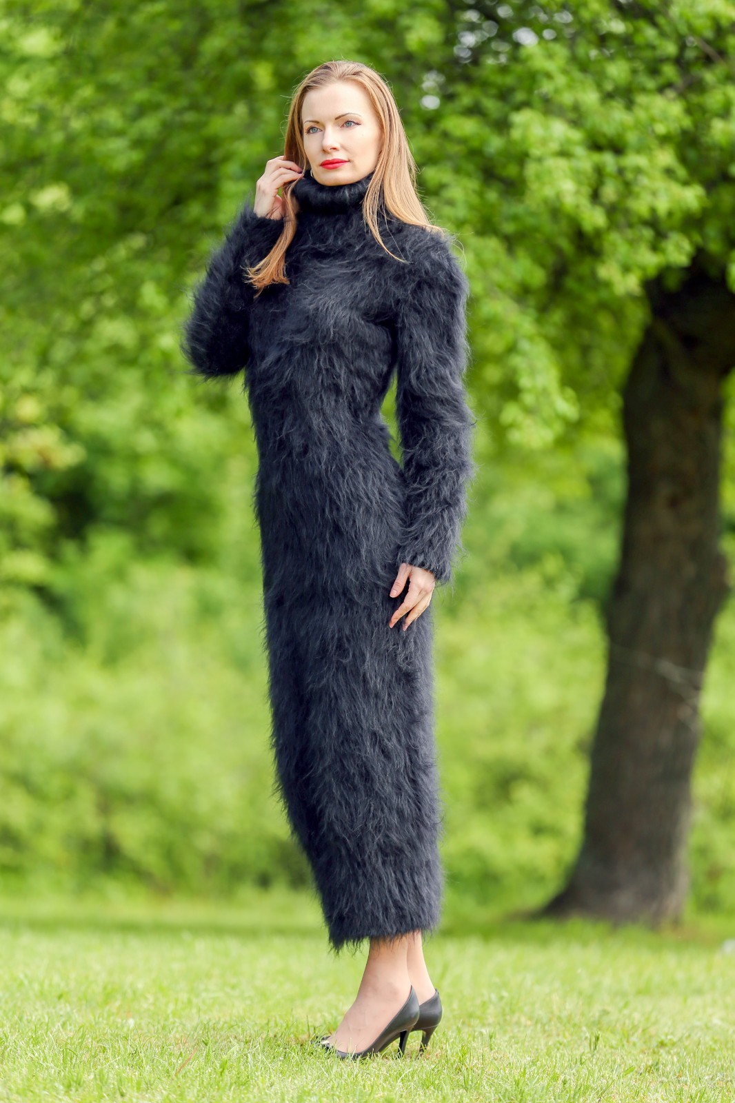Black mohair sweater dress light fuzzy handknit turtleneck long gown SUPERTANYA