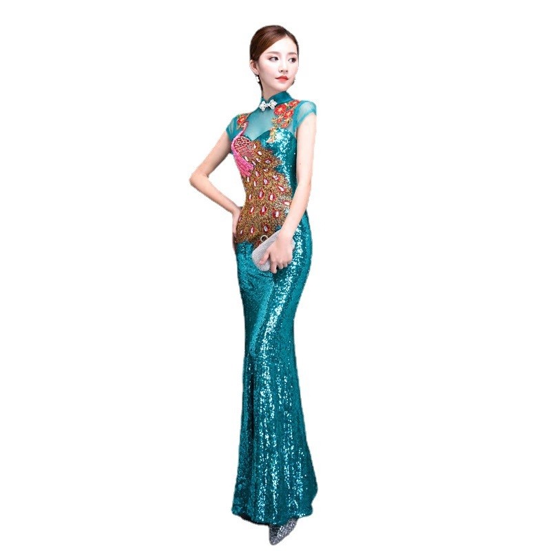Womens Sequin Peacock Embroidery Gown Cheongsam Formal Stage Evening Qipao Dress