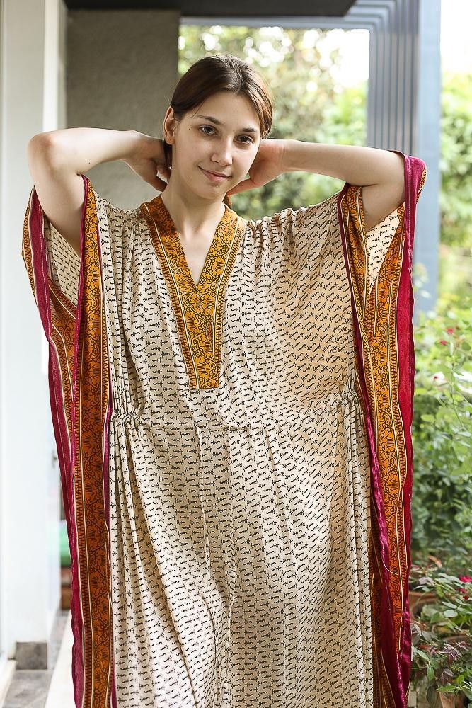 Silk Beige Kaftan / Handmade Flowy Maxi Dress / Resort Wear Outfit PS MFN1059