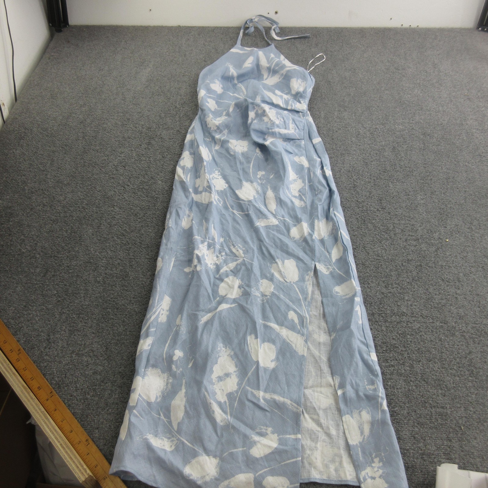 Reformation Dress Womens 6 Blue Linen Floral Halter Maxi Smocked Sundress Summer