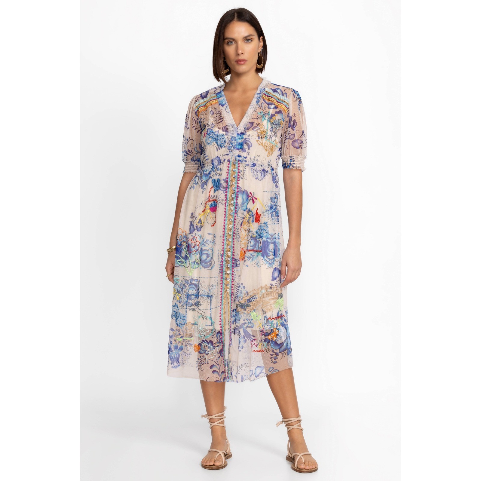 Johnny Was Biya Mazzy Midi Dress M Sheer Mesh Embroidered Boho Eclectic Artsy