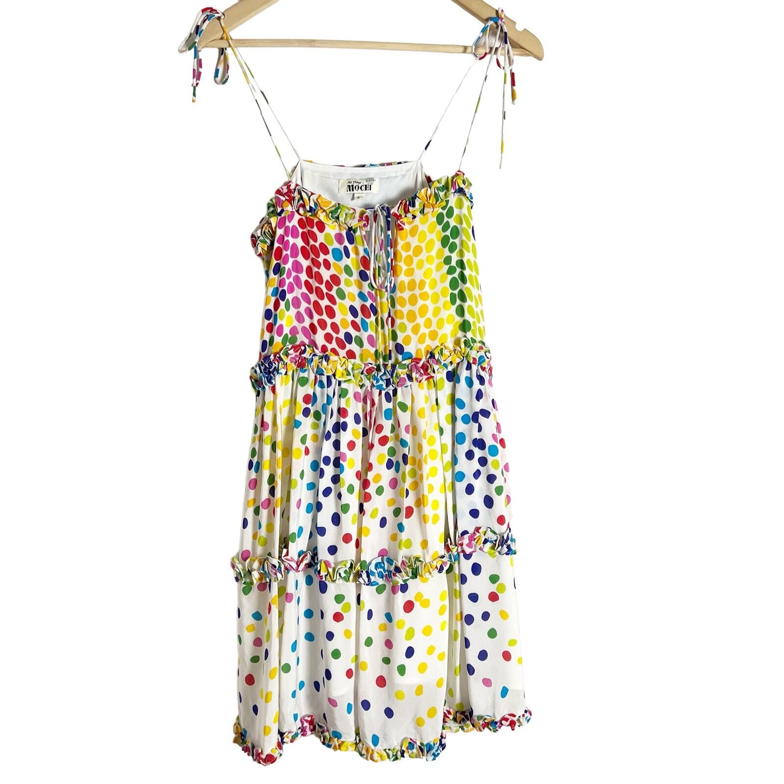 All Things Mochi Blessica Rainbow Polka Dot Print Tiered Silk Mini Dress Sz S