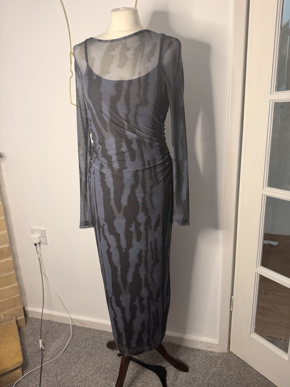 primark cares blue black abstract zebra print mesh maxi dress size s 10 12