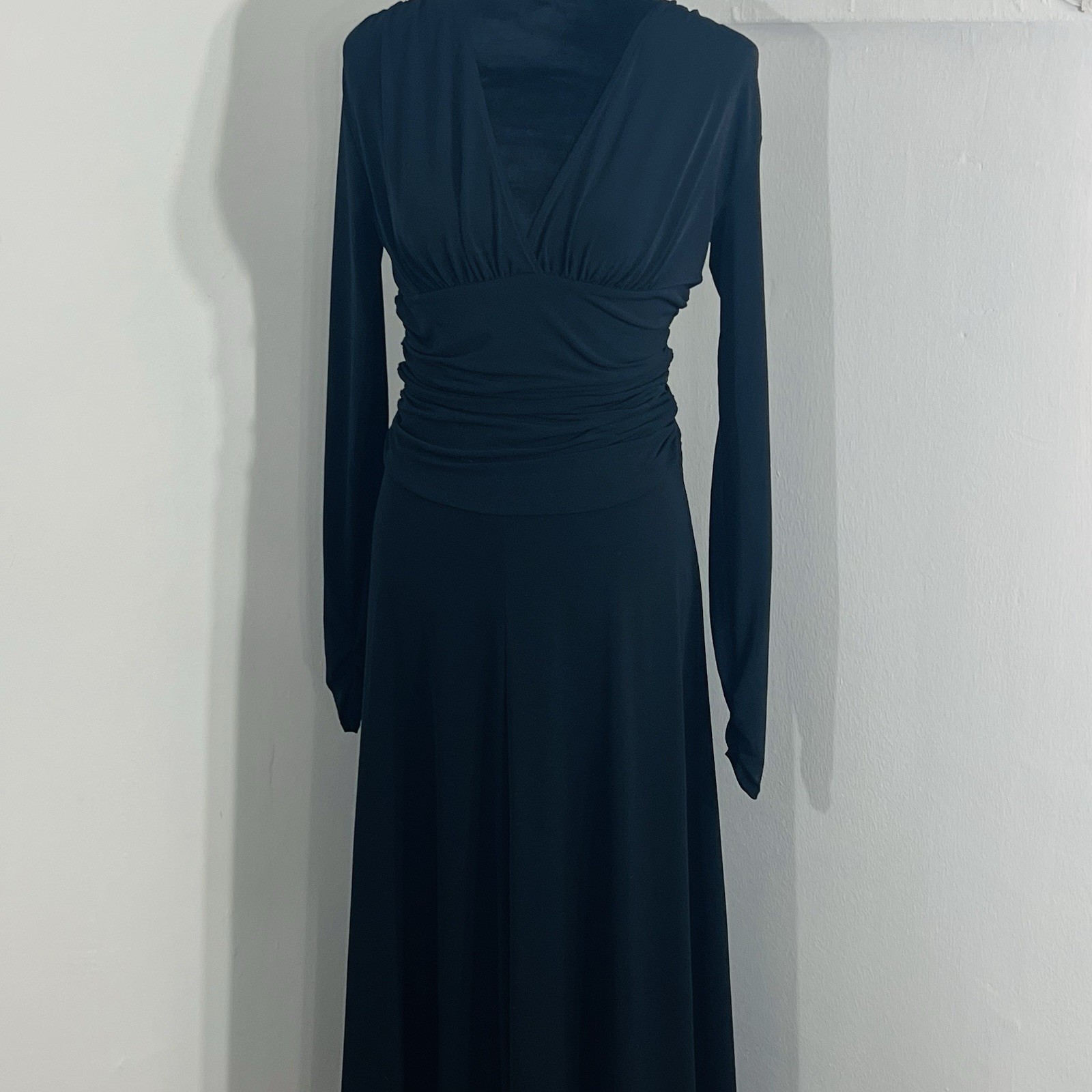 Shape FX V Neck Long Sleeve Ruched Maxi Slimming Body Hugging Sleek Silhouette