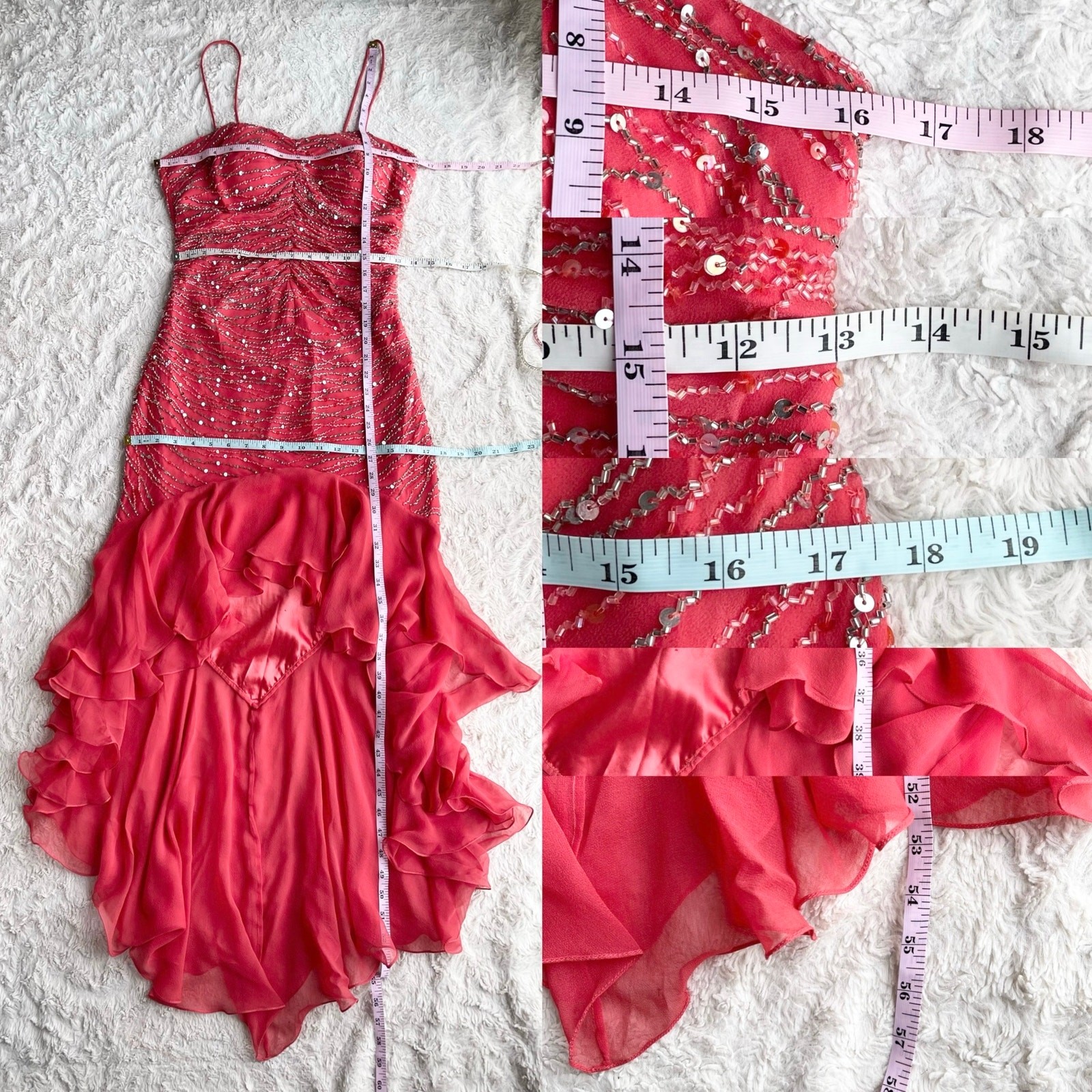 Scala coral pink 100% silk ruffle hem slip dress gown prom beaded sequin formal