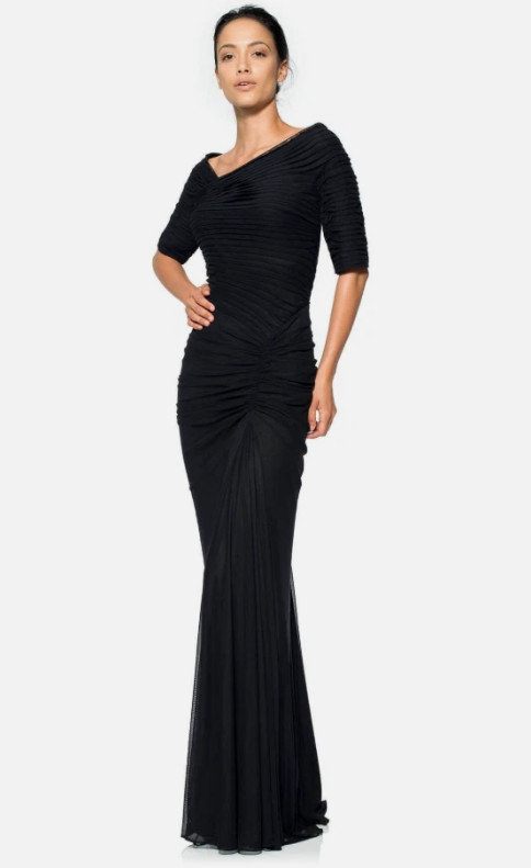 Tadashi Shoji Black Column Gown Size M Ruched Sleeve Asymmetric Mermaid Event