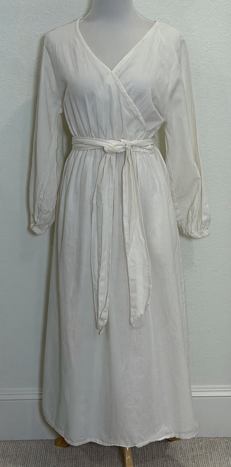 World Market S/M Ivory Linen Blend Wrap Maxi Dress Long Sleeve Small Medium