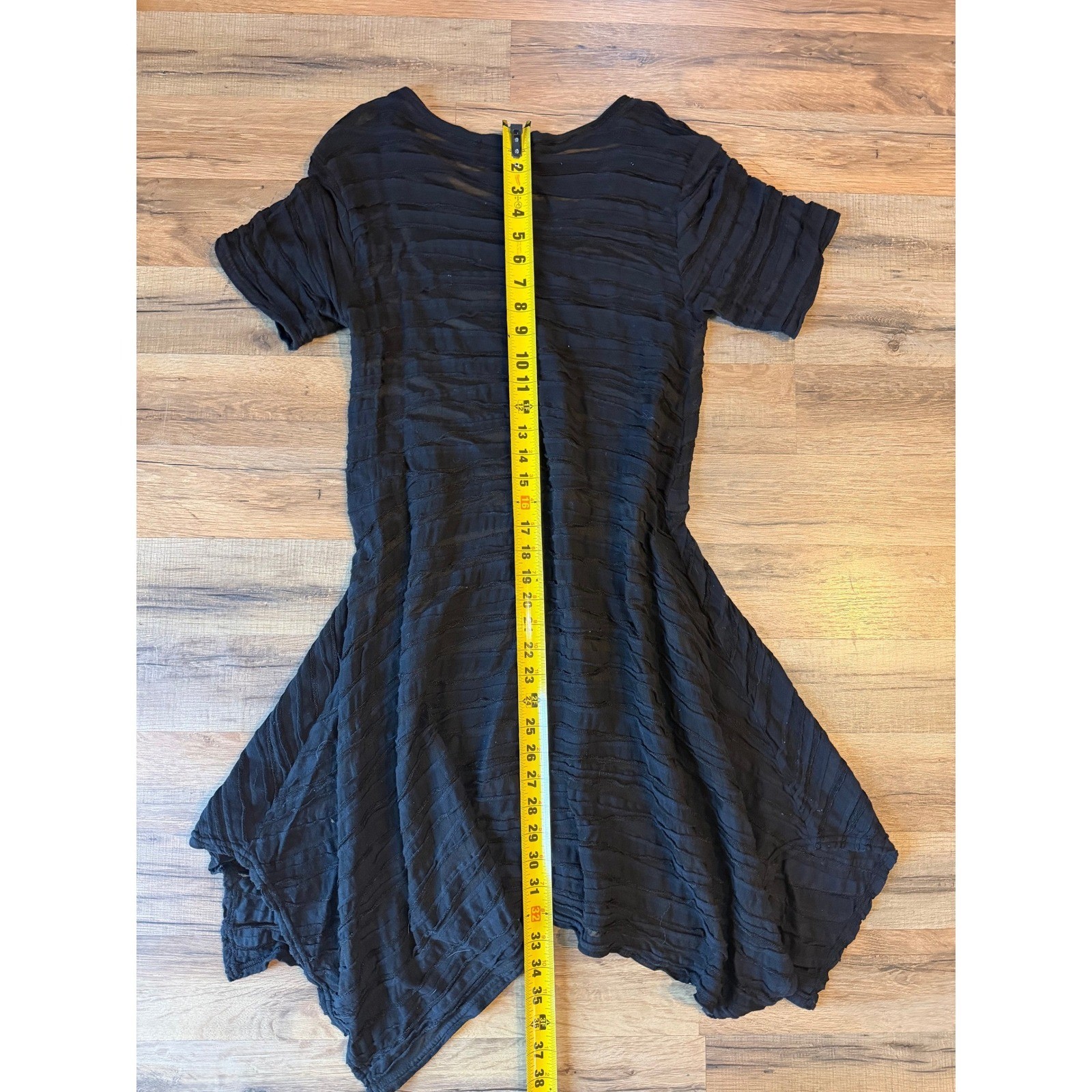 Black Dress Tunic Black Textured Sheer Stripe Sharkbite Hem SS Boho Whimsigoth