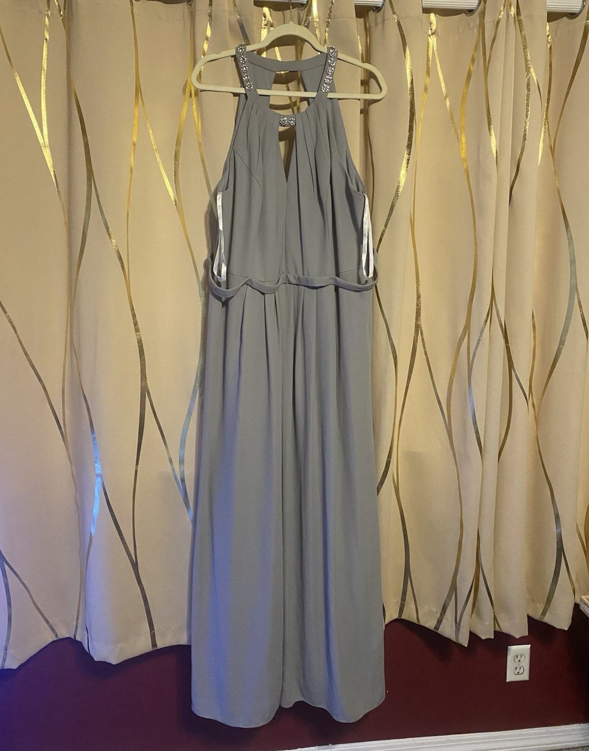 David’s Bridal Mercury Chiffon Halter Maxi Dress Size 22 Rhinestone Lined