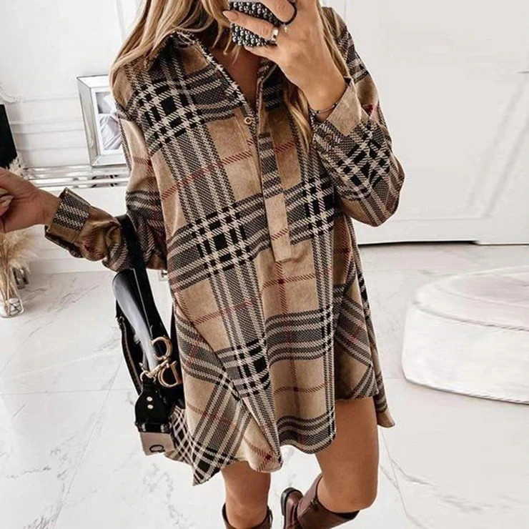 New Mundefeis Plaid Shirt Dress Brown Tan & Black Pull Over Button Front